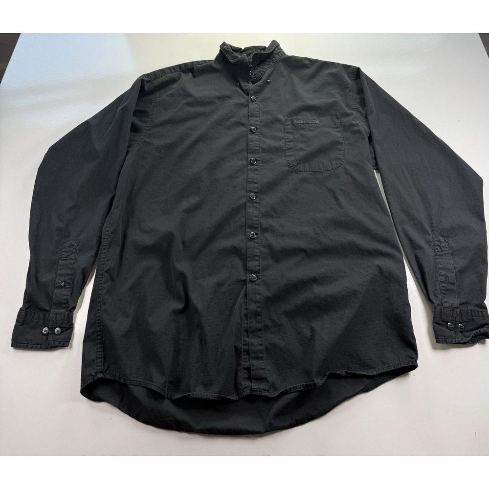 Harley Davidson Shirt Mens L Black Embroidered Button Up Logo Long Sleeve Biker